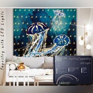 Tapestry Of Jellyfish Blue Ocean Abstract Wall Hanging Home Decor Art LED Lights